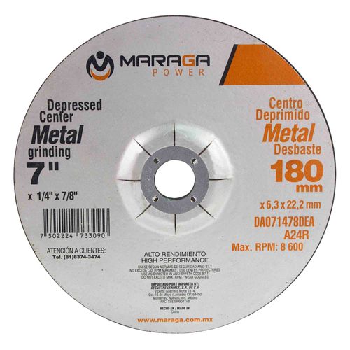 Disco de Desbaste de 7" Grosor 1/4" Eje 7/8" Maraga