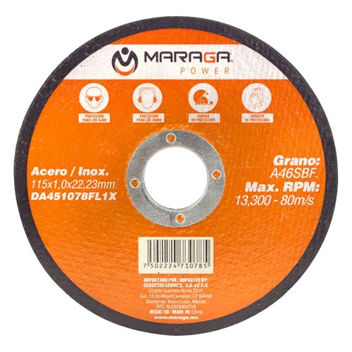 Disco de Corte de 4-1/2" Grosor 1/25" Eje 7/8" Maraga