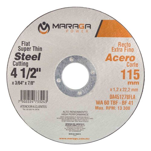 Disco Abrasivo de 4-1/2"  Grosor 1/2"  Eje 7/8" Maraga