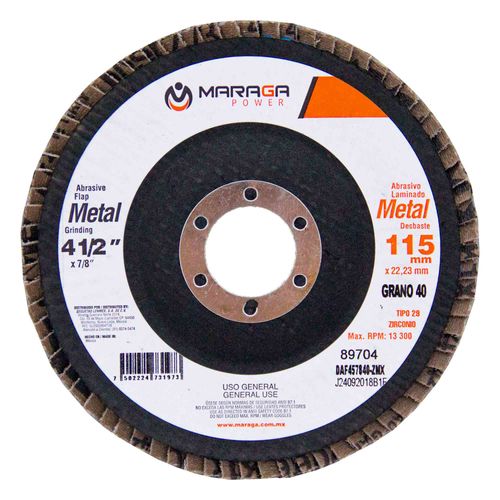 Disco Abrasivo Metal 4-1/2" Eje 7/8" Grano 40 Zirconio