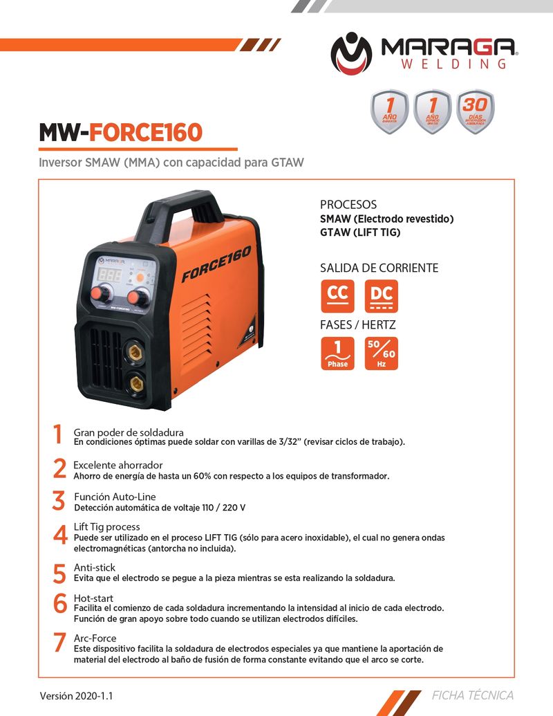 Soldadora ARC FORCE 160 para electrodos E308, E309, E312, E316, 6010, 6011 y 6013